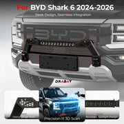 Heavy-duty black steel front bumper with integrated LED light bar for BYD Shark 6 4x4 vehicle.