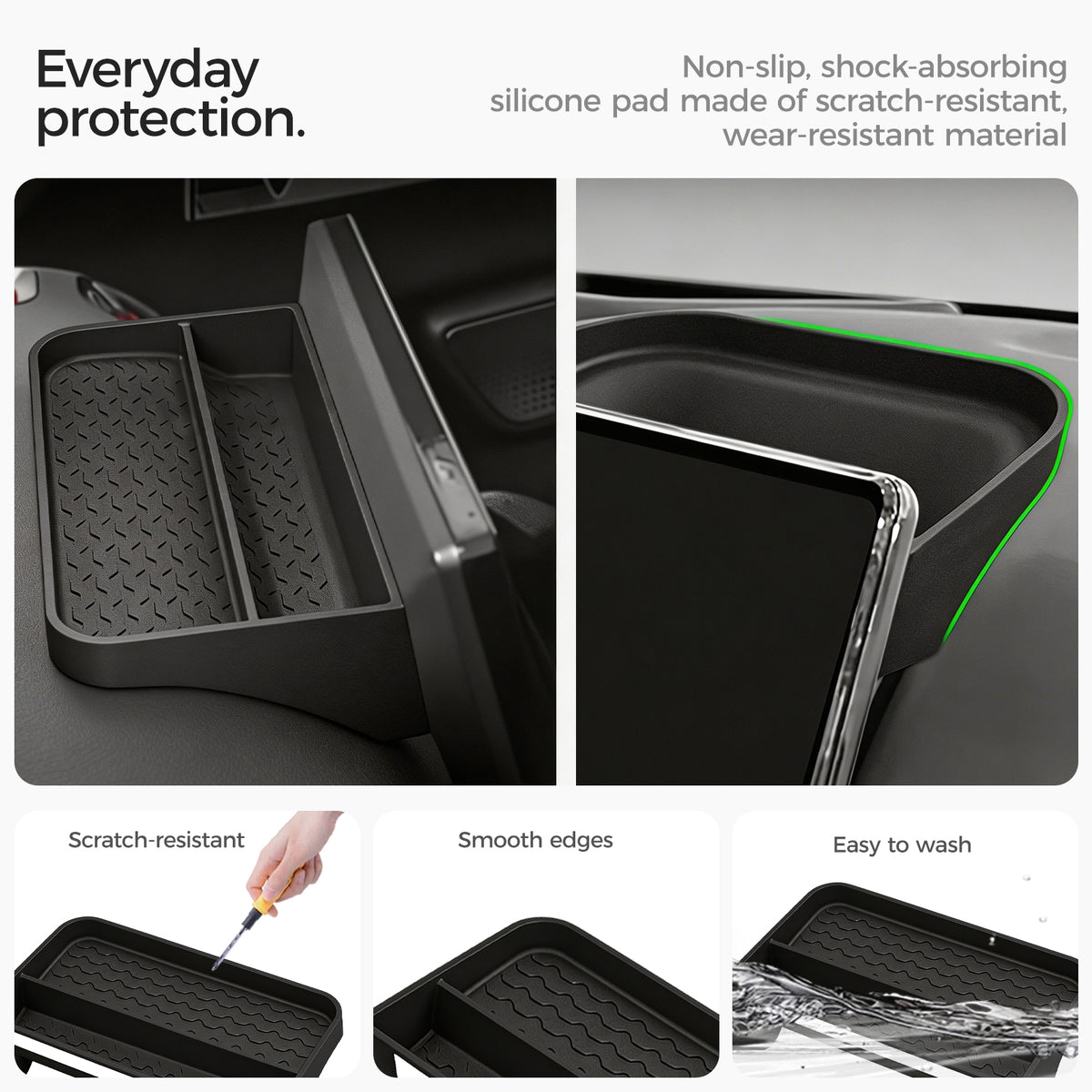 Scratch-resistant, non-slip silicone car organizer tray with a durable, wear-resistant finish.