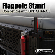 Black flagpole stand mounted on the side of a BYD Shark 6 truck bed.