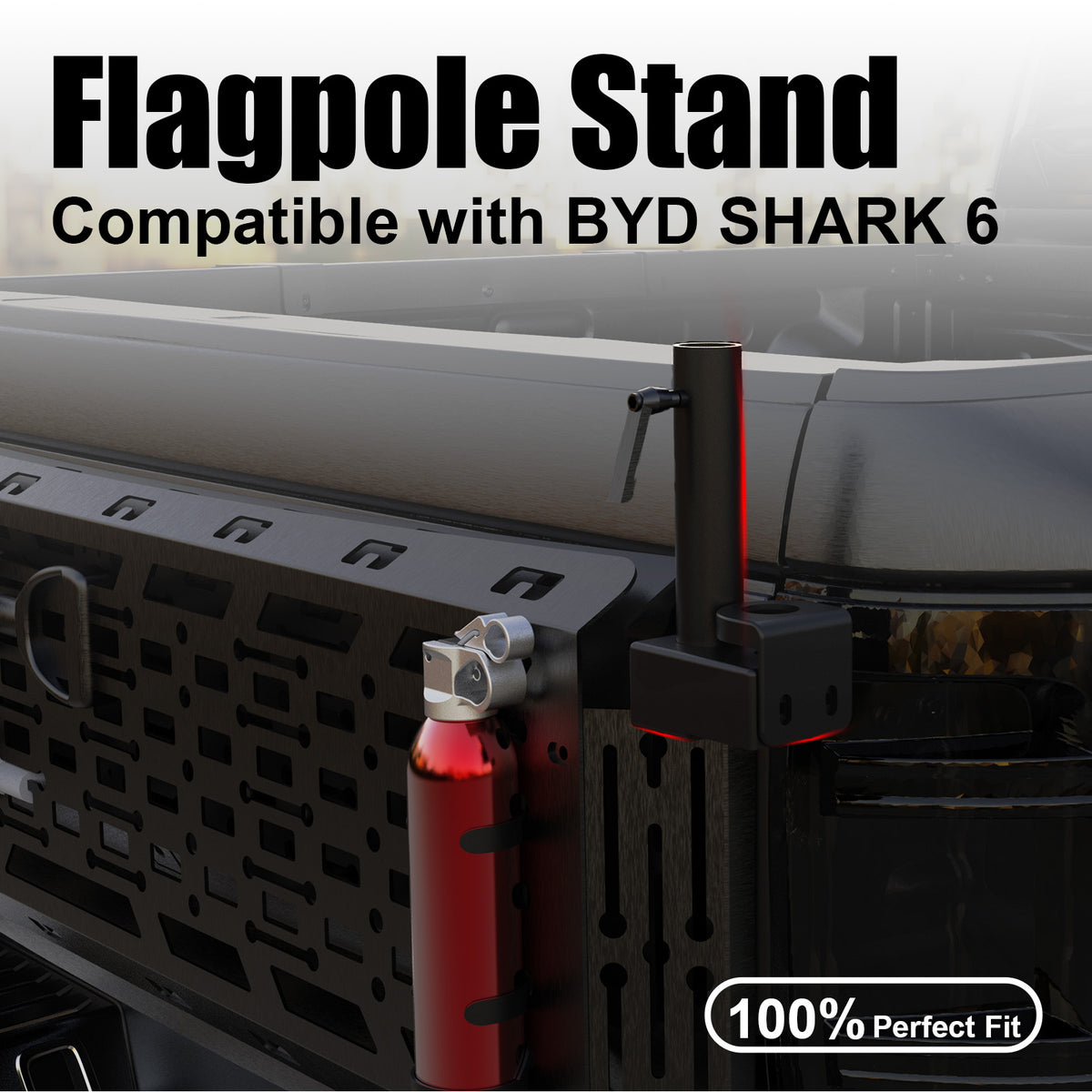 Black flagpole stand mounted on the side of a BYD Shark 6 truck bed.