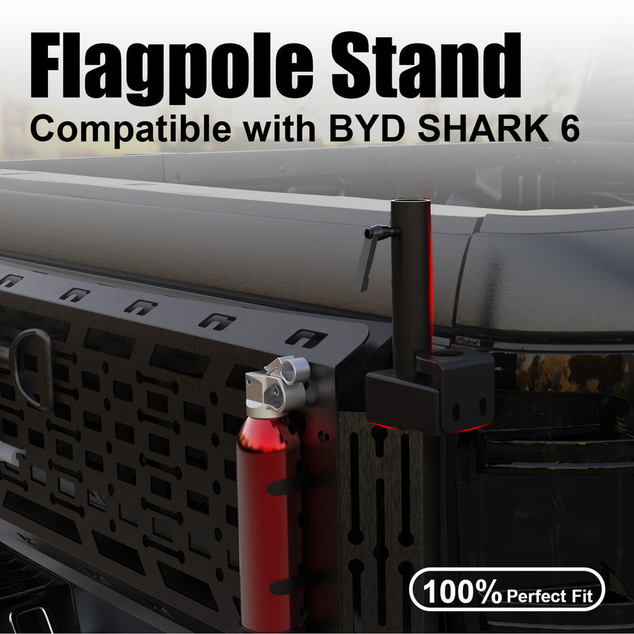 Black flagpole stand mounted on the side of a BYD Shark 6 truck bed.