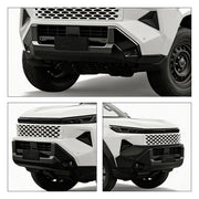 White 4x4 off-road vehicle featuring a heavy-duty black front bumper and protective skid plate.