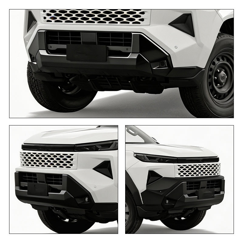 White 4x4 off-road vehicle featuring a heavy-duty black front bumper and protective skid plate.
