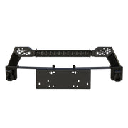Heavy-duty black steel 4x4 off-road bumper with integrated LED light bar and recovery shackles.