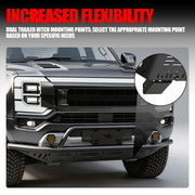 Black 4x4 off-road front bumper featuring dual trailer hitch mounting points for vehicle flexibility.