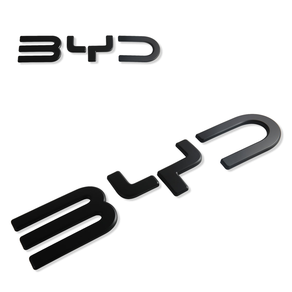 Two black glossy BYD car emblems on a white background.