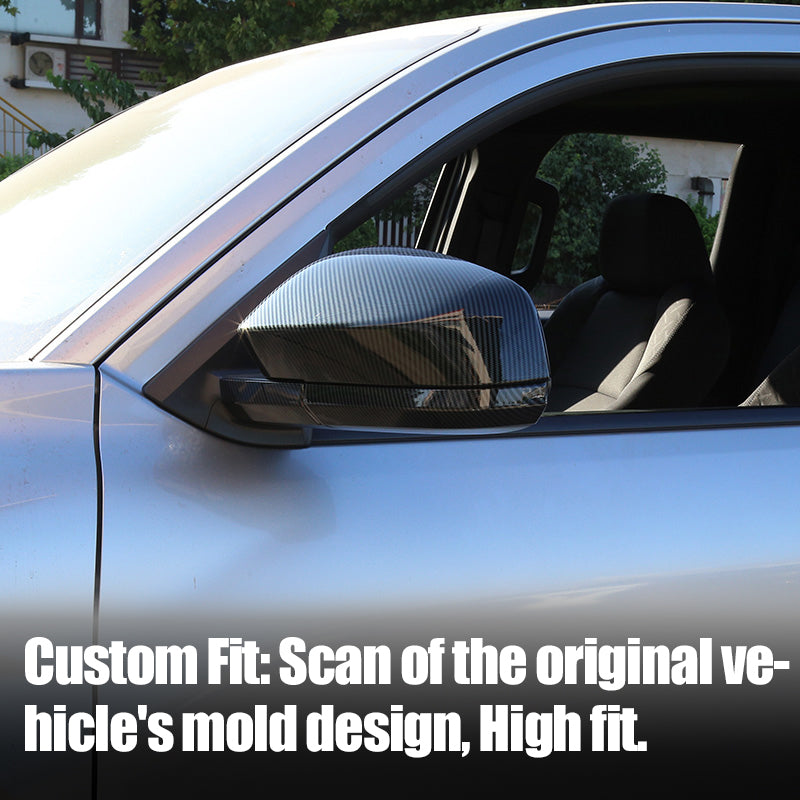 Carbon fiber style side mirror cover for custom vehicle fitment.