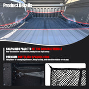 Black mesh cargo net installed in a 4x4 vehicle truck bed for secure storage.