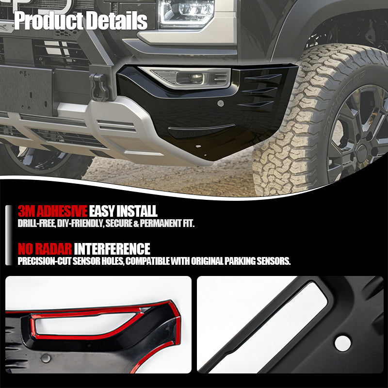 Black gloss 4x4 vehicle bumper trim with precision sensor holes and easy 3M adhesive install.