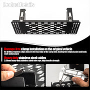 Black heavy-duty metal cargo bed tray with stainless steel cables and clamp installation.