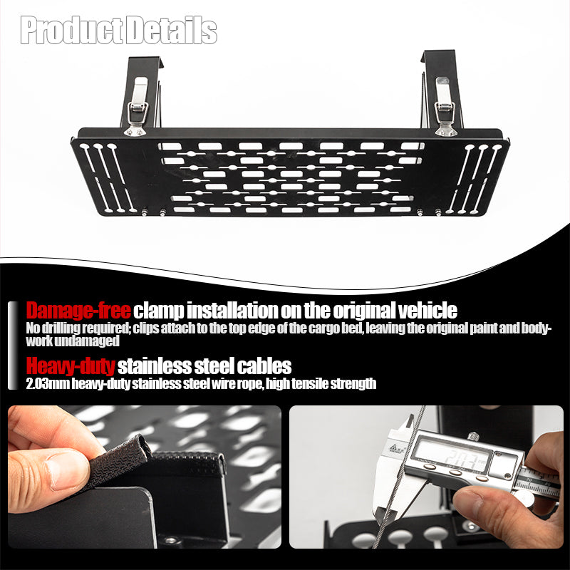 Black heavy-duty metal cargo bed tray with stainless steel cables and clamp installation.