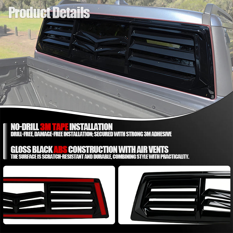 Gloss black ABS truck rear window louvers with air vents and 3M tape installation.