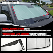 Foldable segmented frame windshield sunshade with reflective multi-layer aluminum foil fabric.