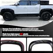 Black ABS plastic fender flares installed on a white 4x4 pickup truck for vehicle protection.