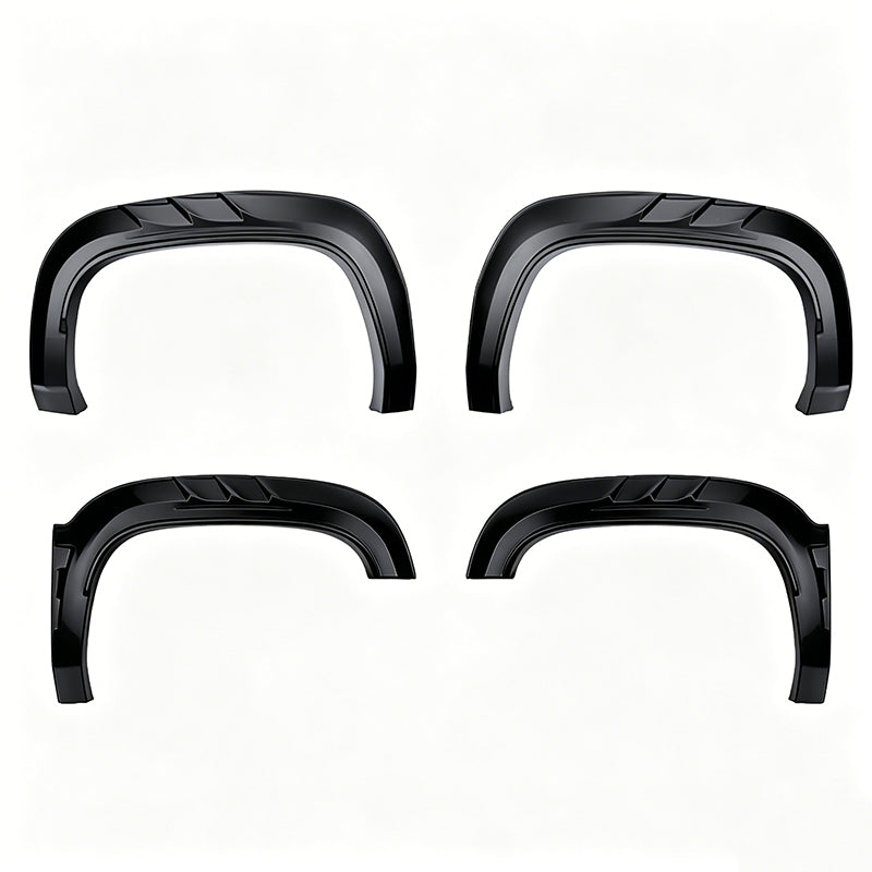 Set of four black matte 4x4 vehicle fender flares for off-road wheel protection.
