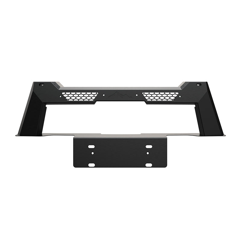 Heavy-duty black steel 4x4 front bumper with honeycomb mesh grille guard.