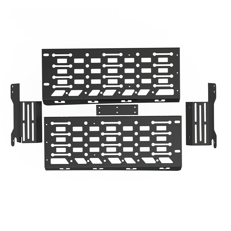 Black heavy-duty metal mounting brackets and plates for 4x4 vehicle accessories.
