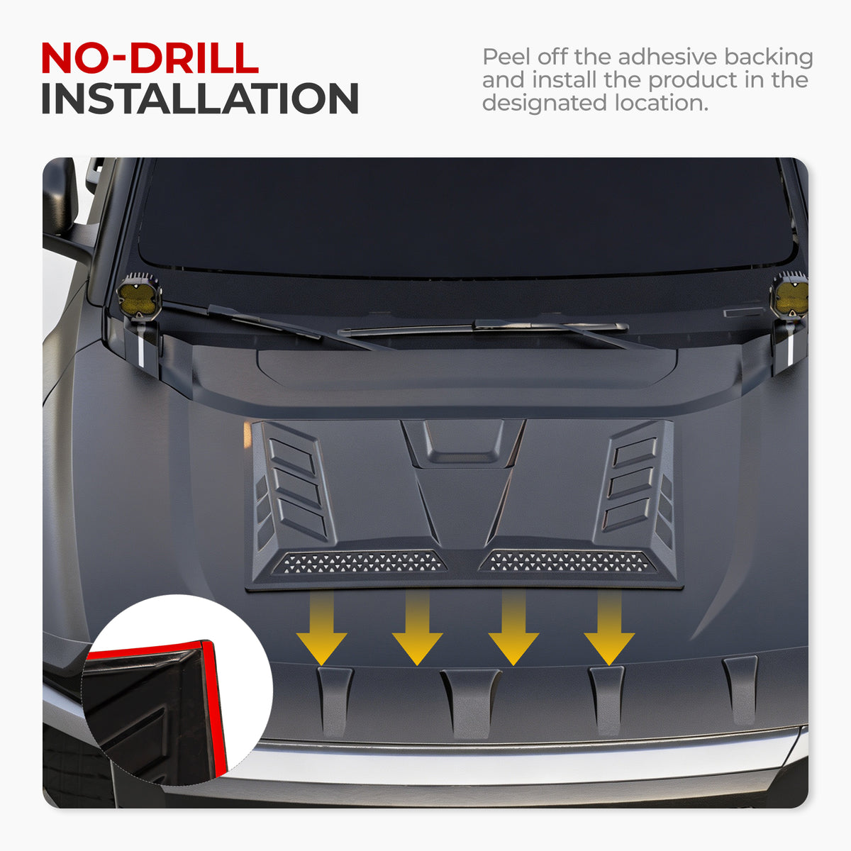 No-drill installation guide for 4x4 vehicle front grille protection accessory.