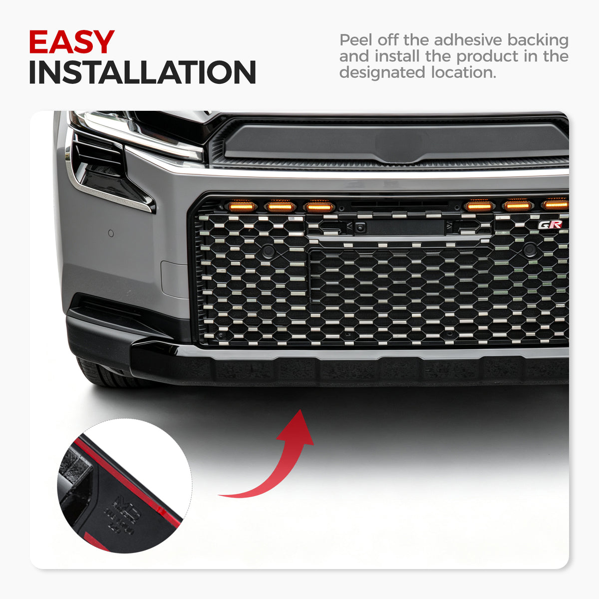 Instructional graphic showing easy installation of a vehicle bumper protector.