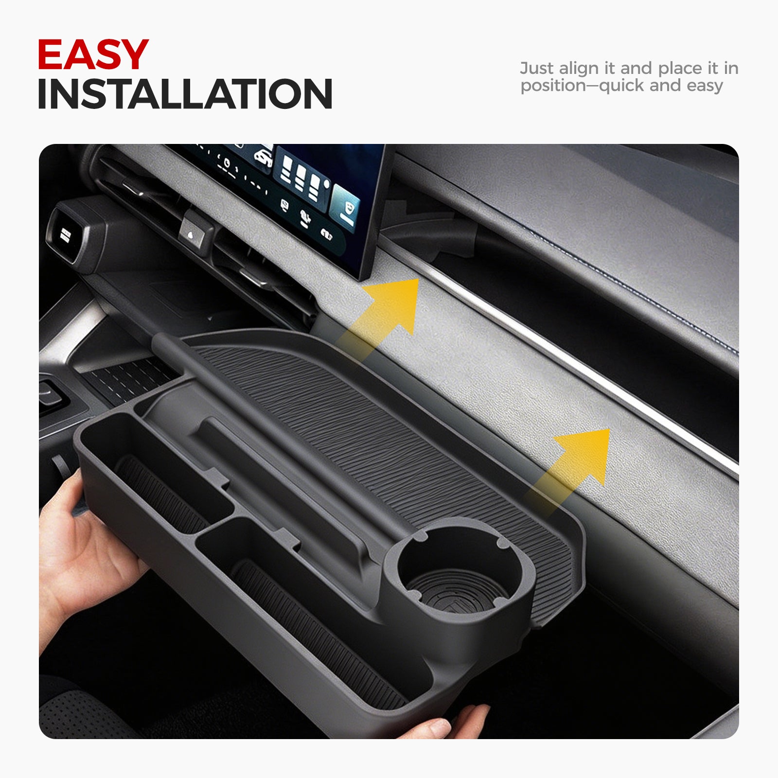 Hands installing a black custom-fit dashboard organizer tray into a vehicle console.