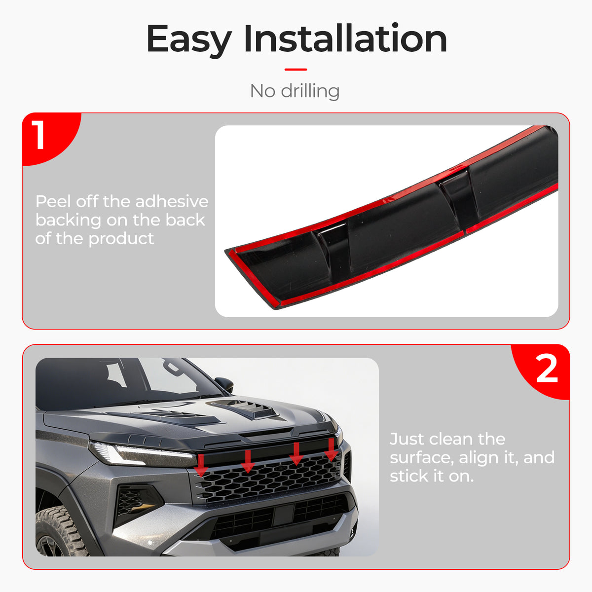 Easy installation guide for 4x4 vehicle trim showing peel and stick application process.