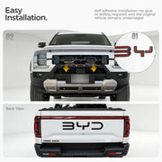 Installation guide for BYD truck front and rear grille emblems.