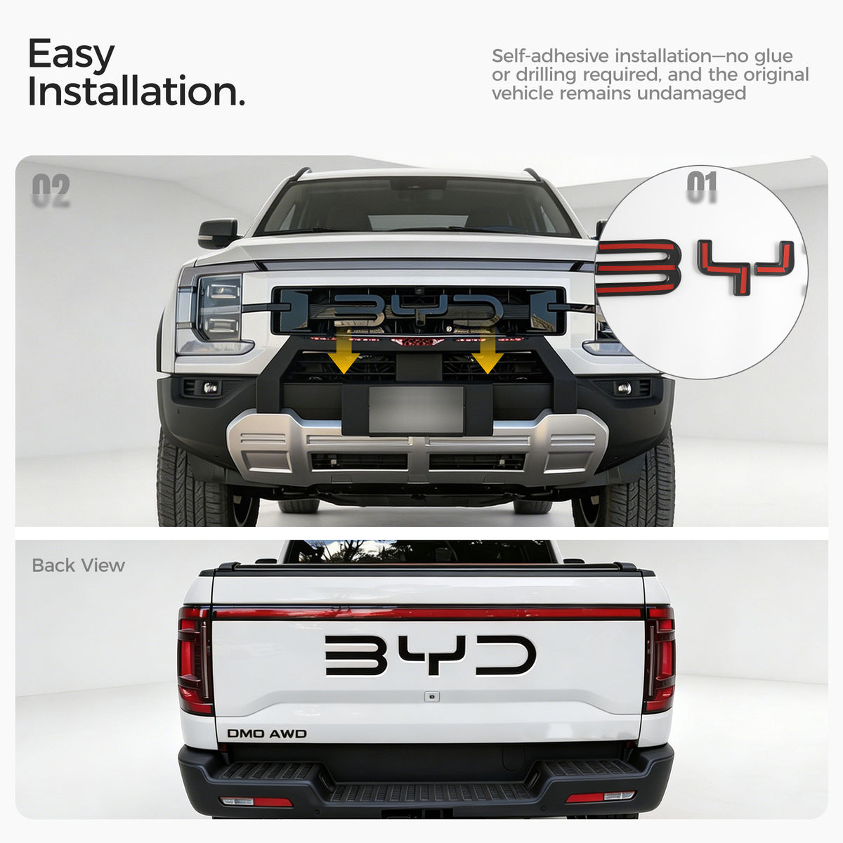 Installation guide for BYD truck front and rear grille emblems.