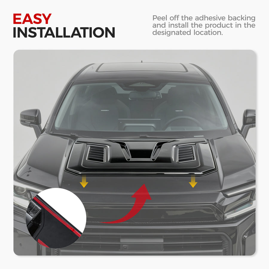 Installation guide for a black automotive hood vent scoop on a 4x4 vehicle.