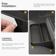 Two-step installation guide showing adhesive backing application and mounting a car organizer tray.