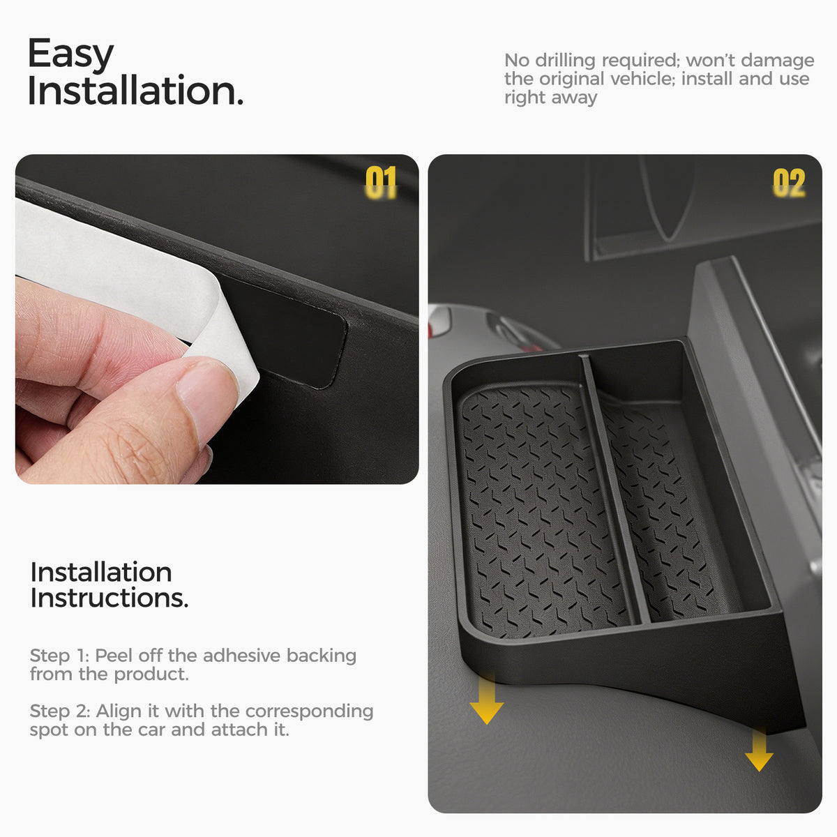 Two-step installation guide showing adhesive backing application and mounting a car organizer tray.