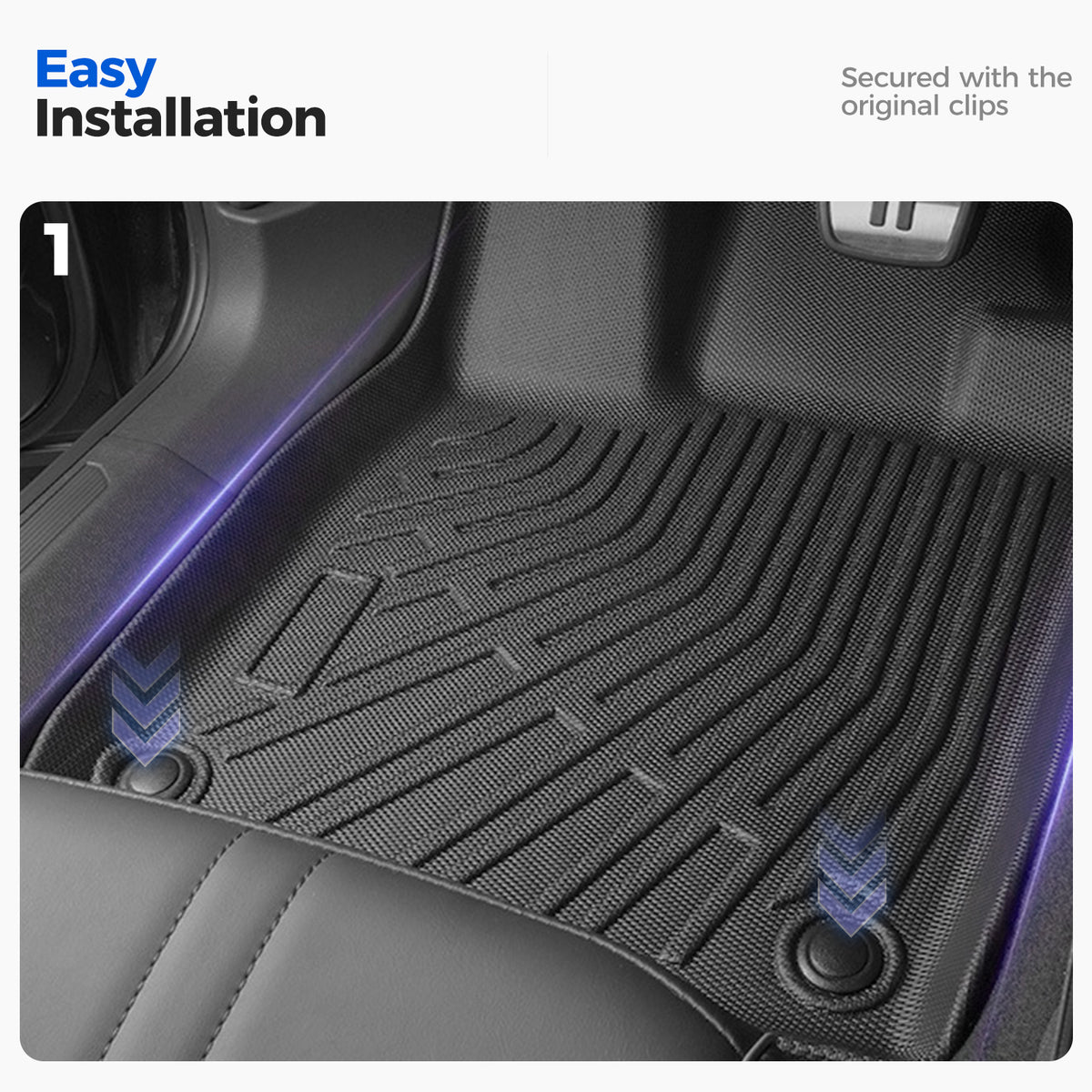 Easy installation of a black textured car floor mat using original clips.