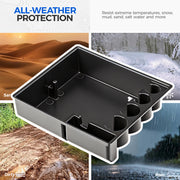 Durable black 4x4 vehicle organizer tray designed for all-weather sand, mud, and rain protection.