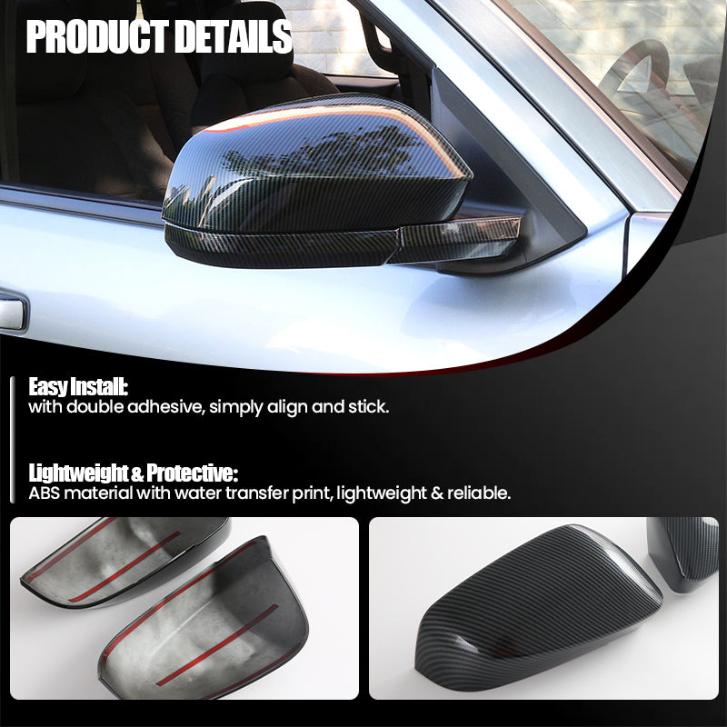 Carbon fiber style side mirror covers for vehicle protection and easy installation.