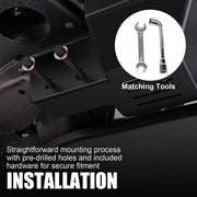 Close-up of 4x4 vehicle accessory installation with pre-drilled holes and mounting hardware.