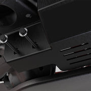 Heavy-duty black metal 4x4 vehicle skid plate with reinforced bolt mounting.