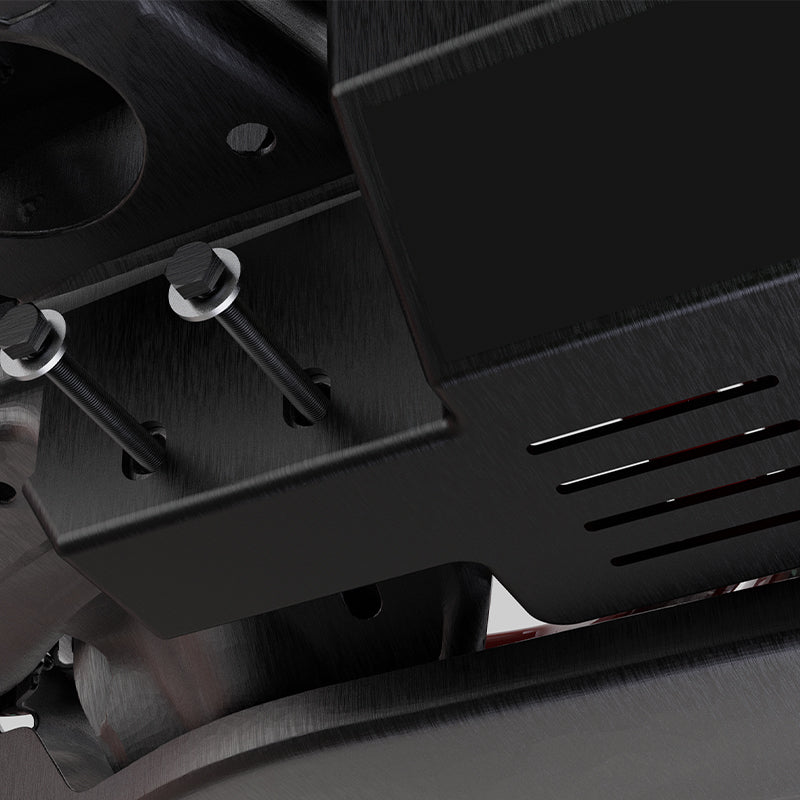 Heavy-duty black metal 4x4 vehicle skid plate with reinforced bolt mounting.