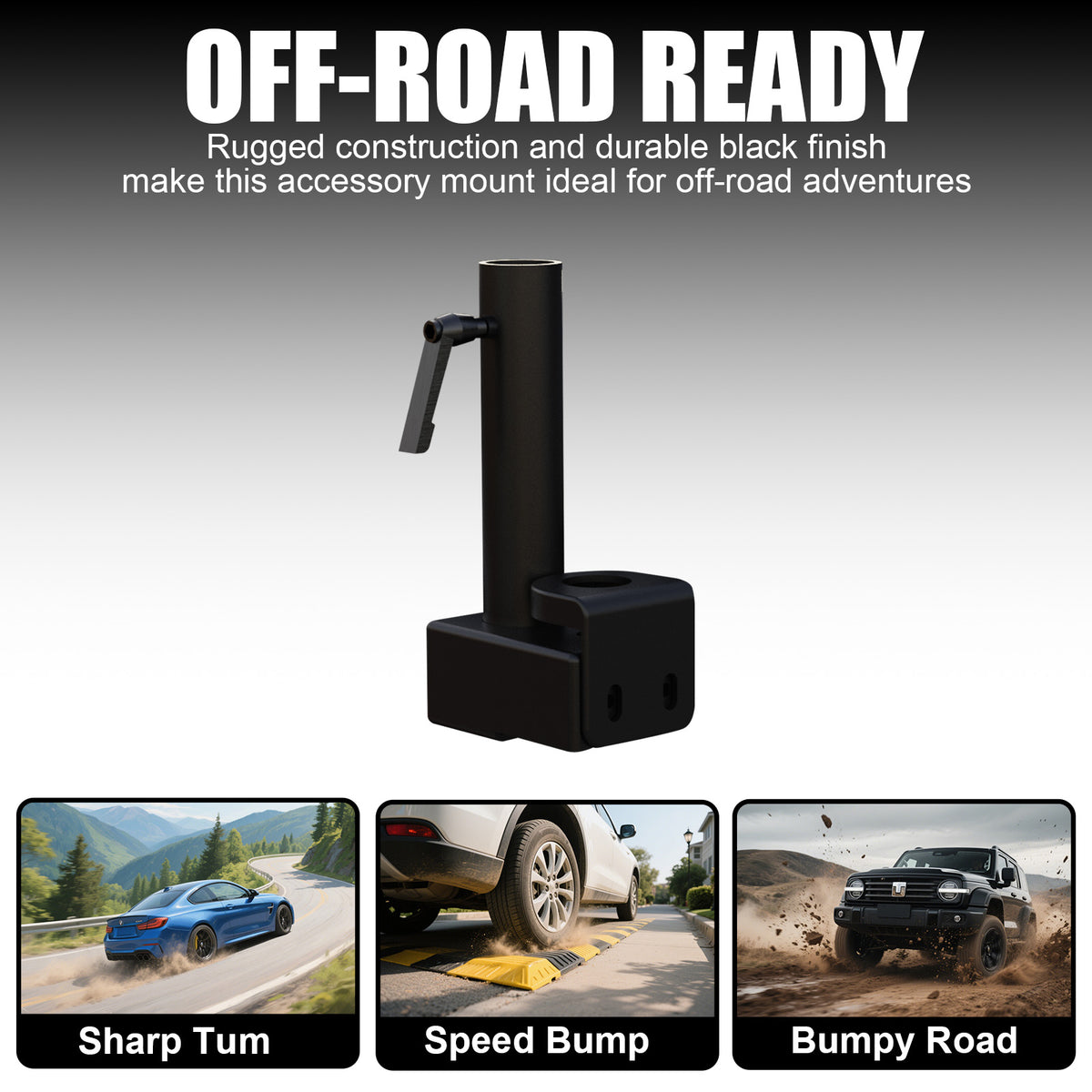 Rugged black off-road accessory mount for 4x4 vehicle protection and durability.