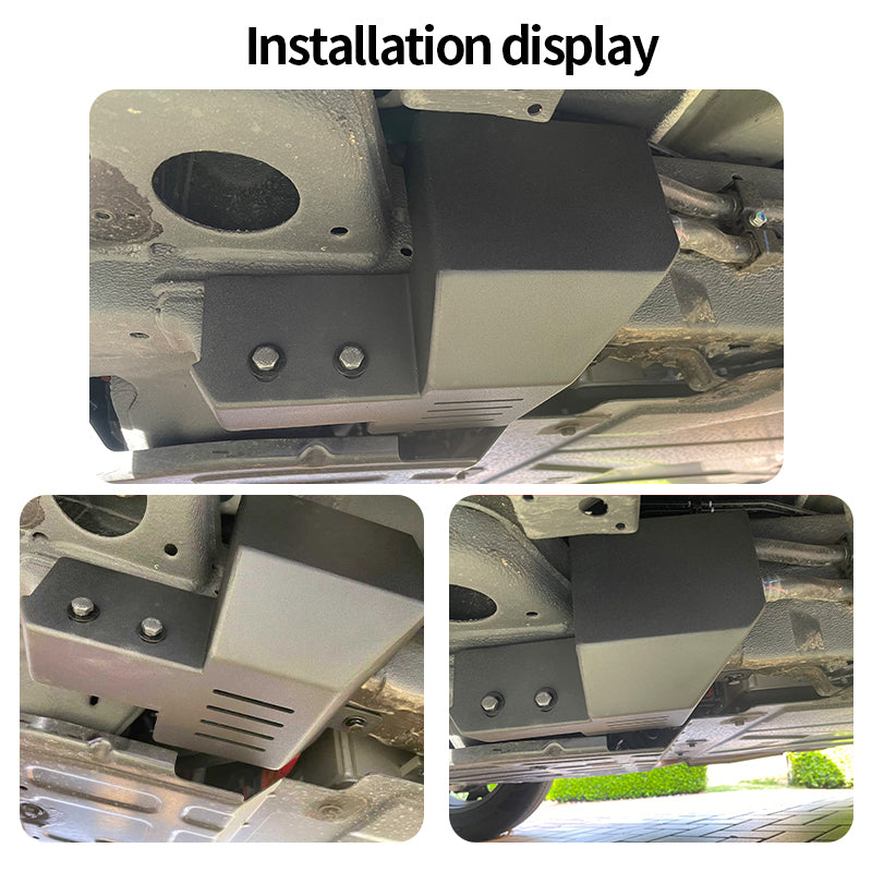 Installation of a heavy-duty black metal underbody skid plate for 4x4 vehicle protection.
