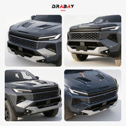 Multiple views of a gray 4x4 vehicle front bumper and grille assembly.