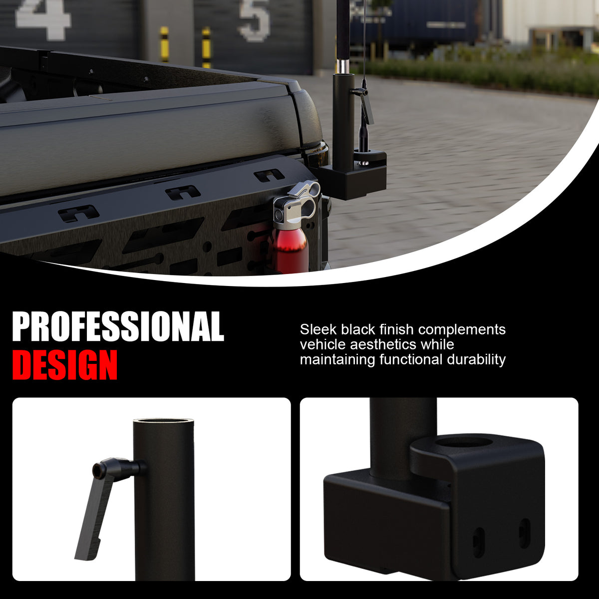 Black 4x4 truck bed accessory with sleek finish and durable mounting bracket.