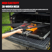 Hand stretching high-elasticity 3D-woven mesh cargo net in a vehicle truck bed