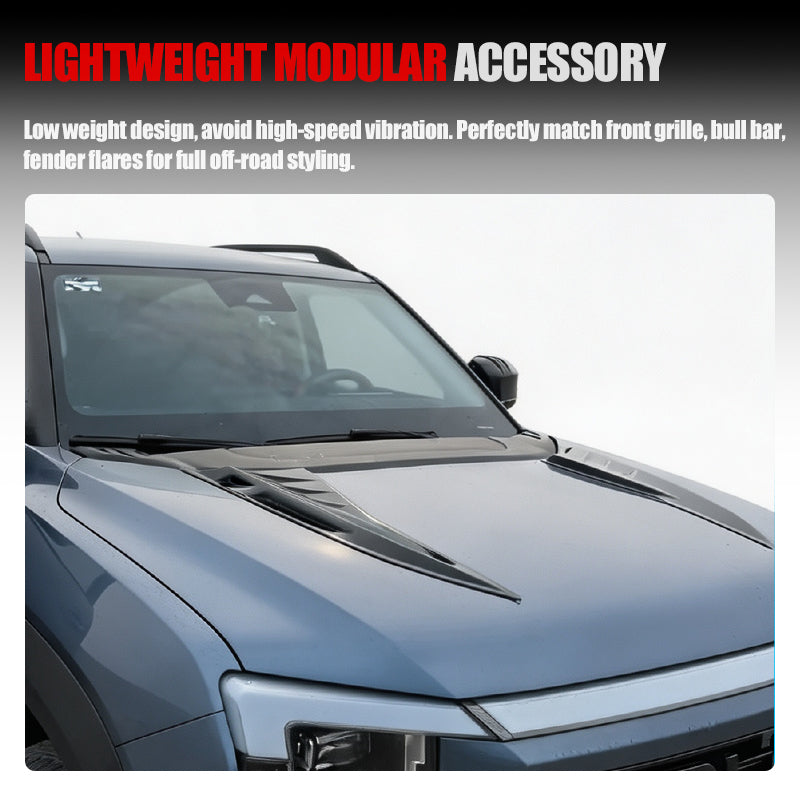 Lightweight modular black hood vent accessory for off-road vehicle styling.