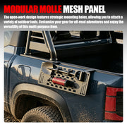 Modular MOLLE mesh panel mounted on a 4x4 truck bed holding outdoor tools and gear.