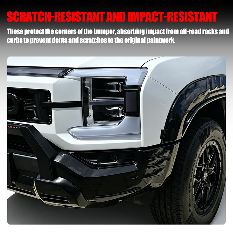 Black scratch-resistant bumper corner protector installed on a white 4x4 vehicle.