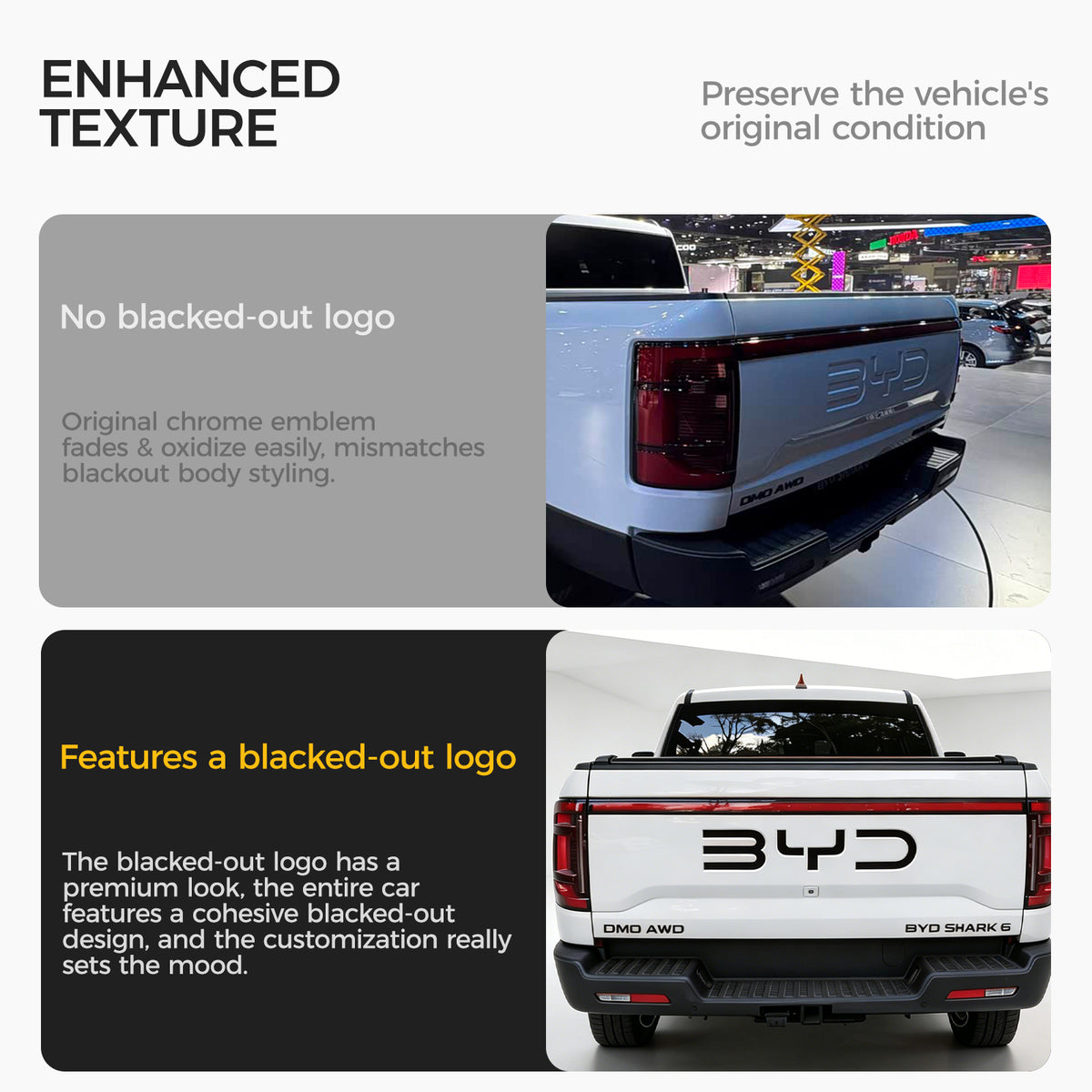 Comparison of a white pickup truck with a chrome emblem versus a premium blacked-out logo.