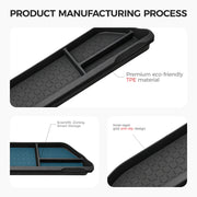Black TPE material 4x4 vehicle tray with anti-slip grid design and smart storage zoning.