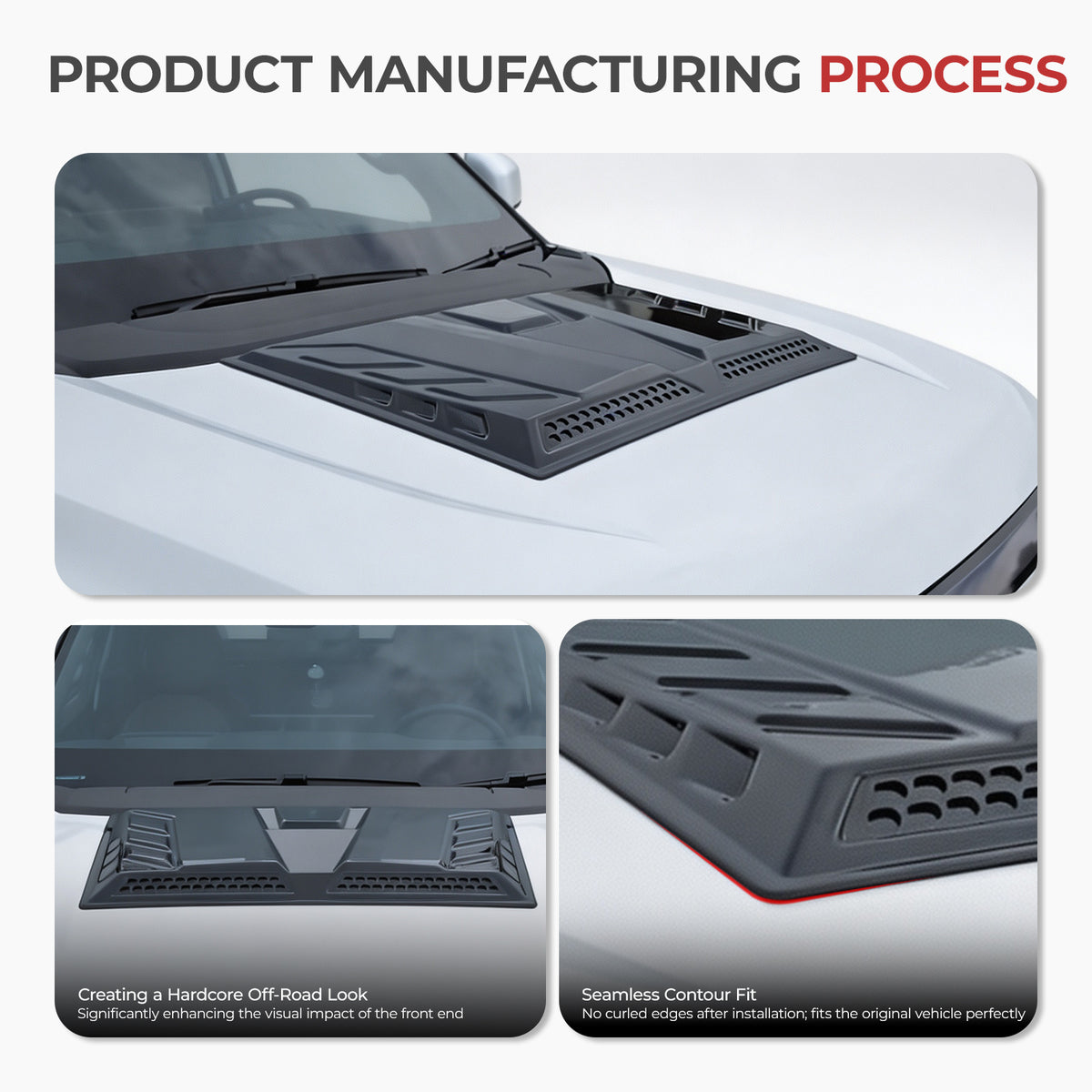 Black off-road vehicle hood vent protector installed on a white 4x4 truck for a rugged look.