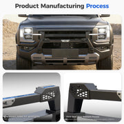Heavy-duty 4x4 front bumper with recessed spotlight holes and thick wear-resistant steel.