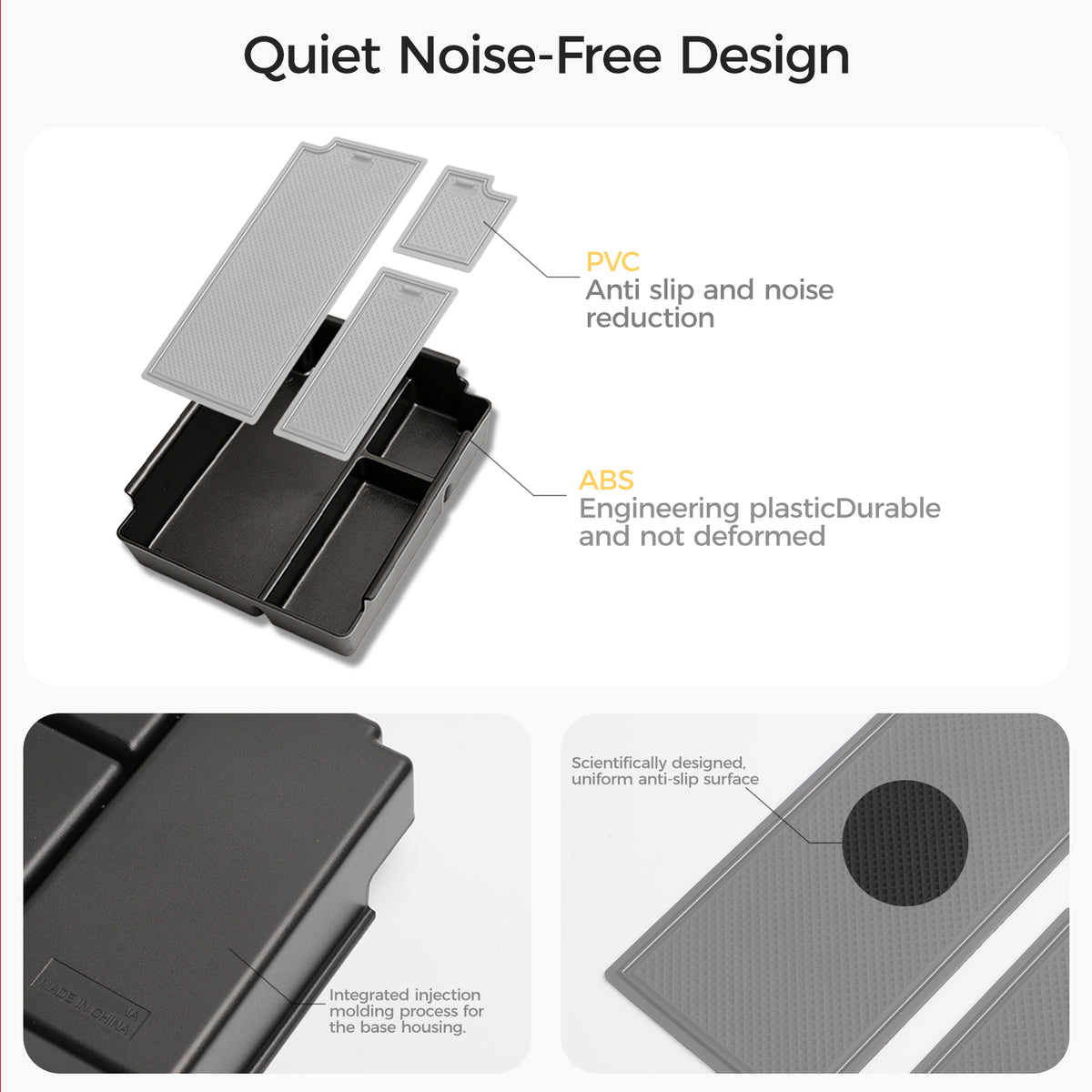 Quiet noise-free design featuring PVC anti-slip mats and durable ABS plastic organizer trays.
