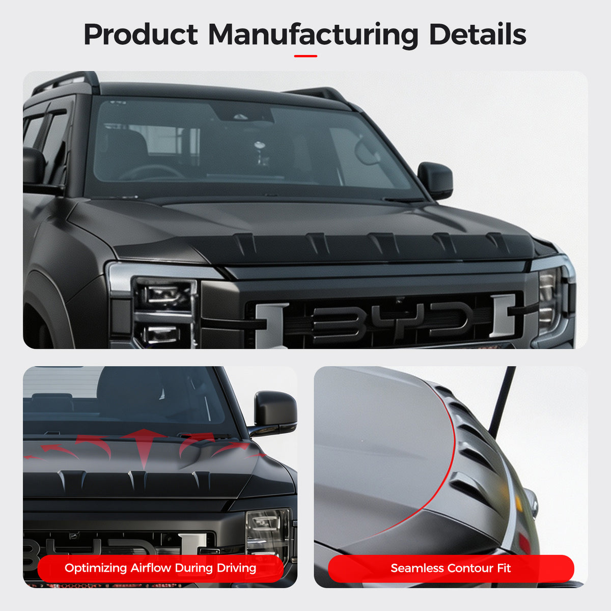 BYD vehicle hood protector showcasing seamless contour fit and airflow optimization.